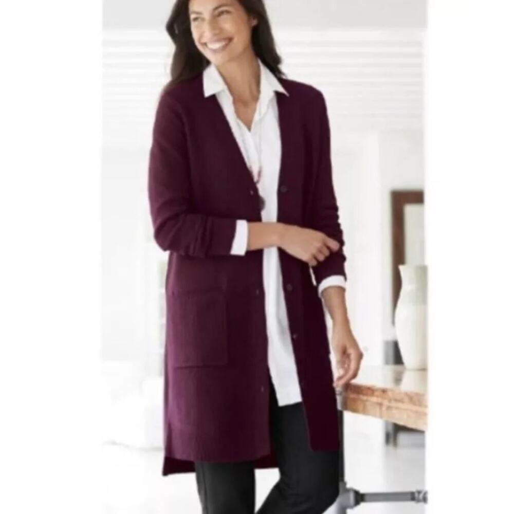 J Jill Longline Cardigan Womens Size M Port‎ Purple Textured Knit V-Neck NWT